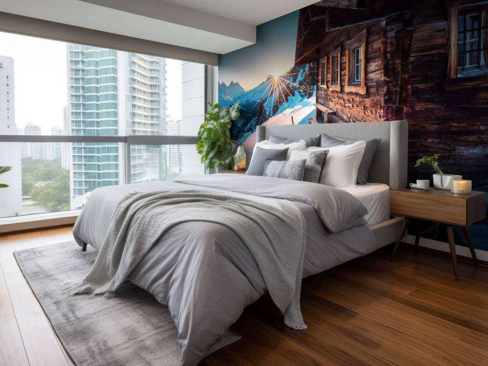 Ciel du matin près d'une cabane alpine en bois.