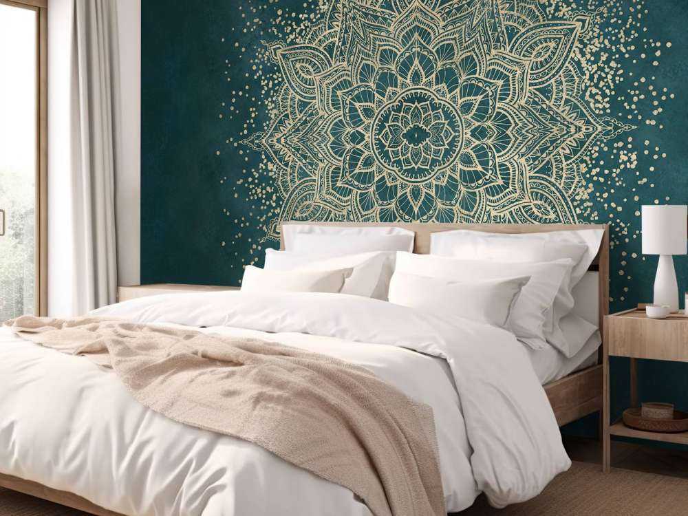 Mandala doré sur vert émeraude.