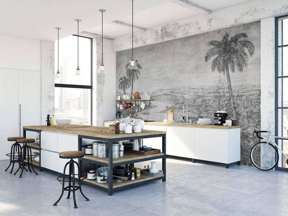 Paysage de palmiers en style gravure grise