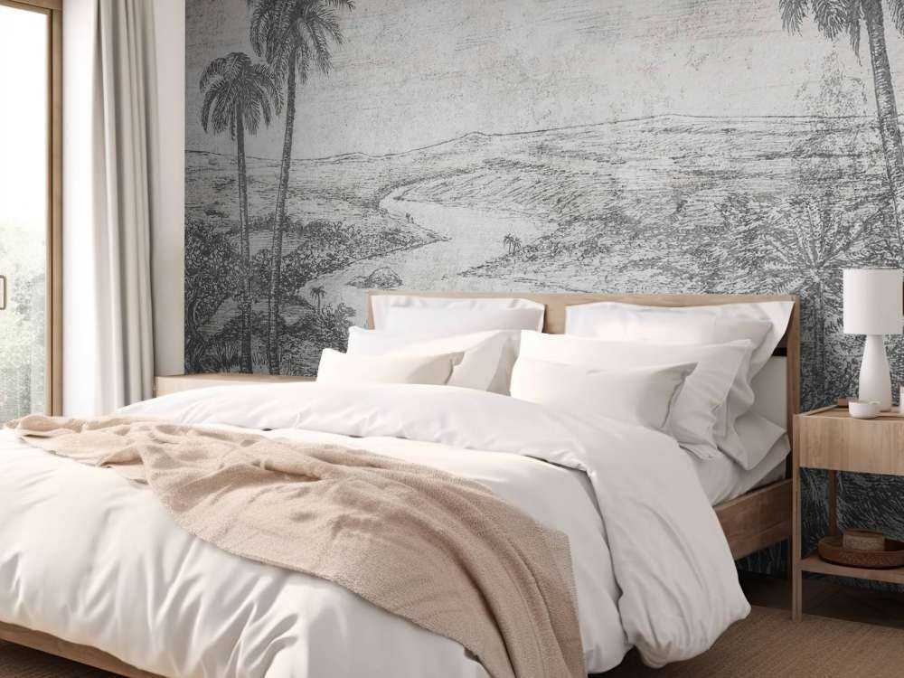 Paysage de palmiers en style gravure grise