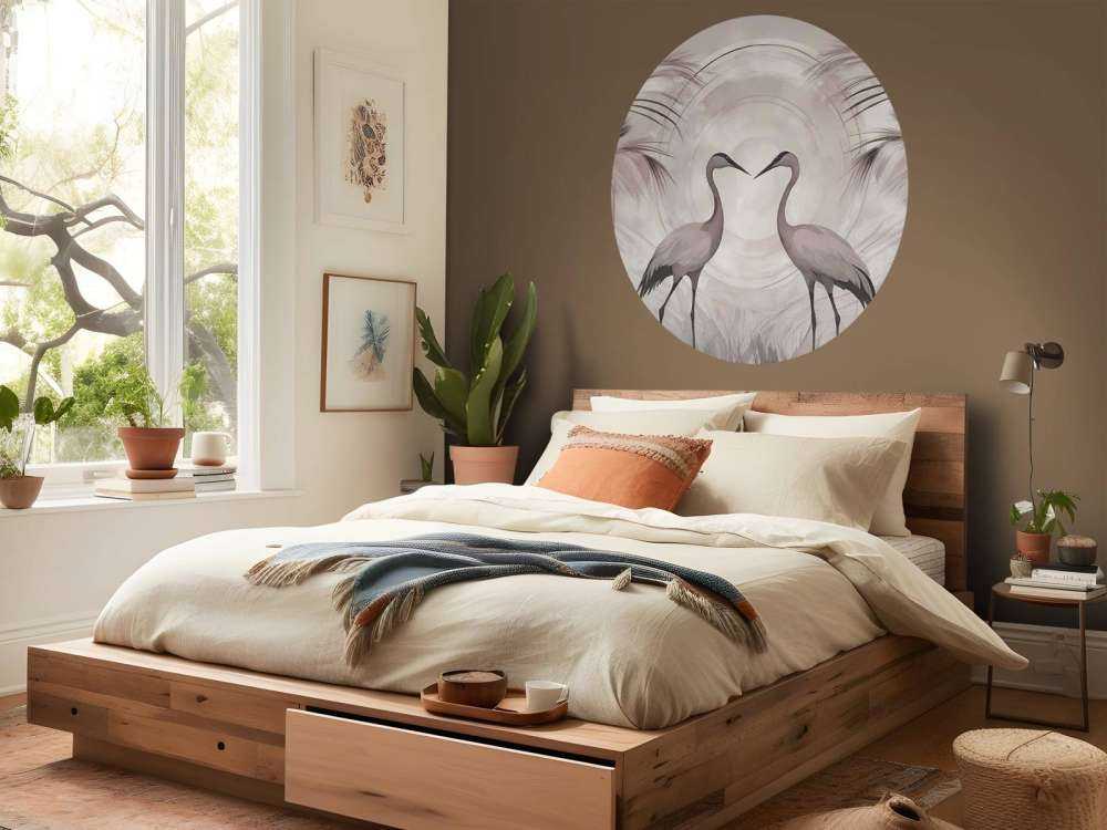 Grues au coucher du soleil rose