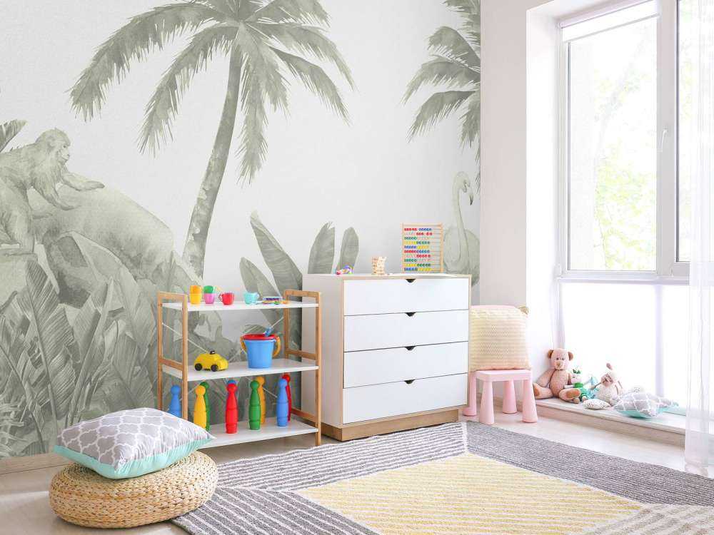 Singes et flamants roses en vert d'eau