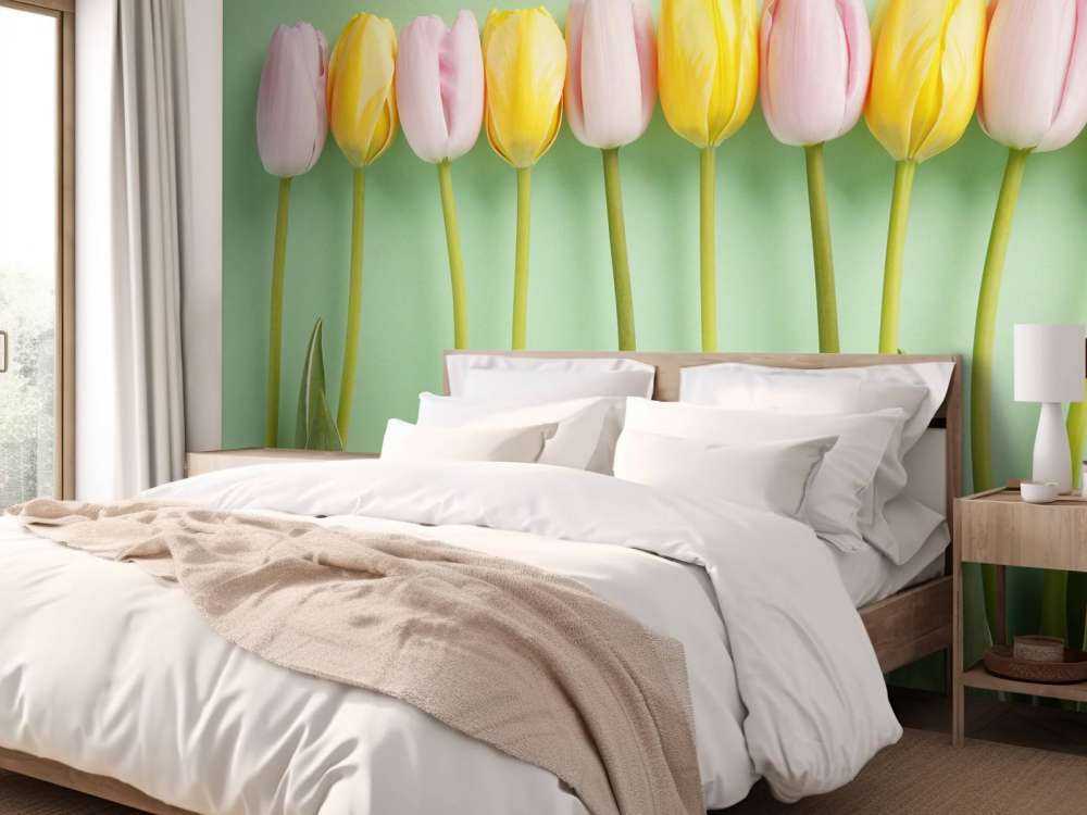 Tulipes sur fond vert menthe