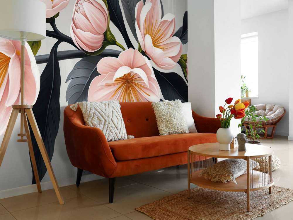 Fleurs de magnolia roses avec des feuilles foncées