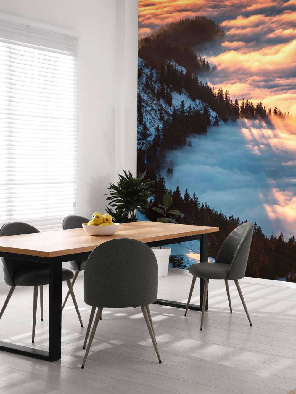 Lueur du matin sur une forêt de montagne brumeuse