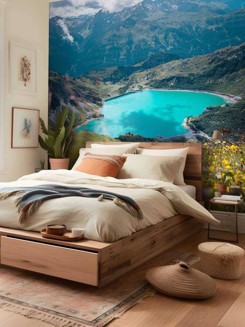 Champ de fleurs au bord d'un lac de montagne turquoise.