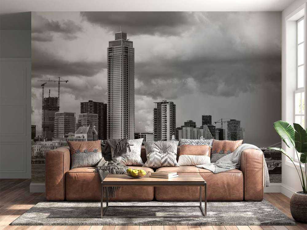 Skyline Rotterdam (Westerkade) depuis Katendrecht (noir et blanc) 