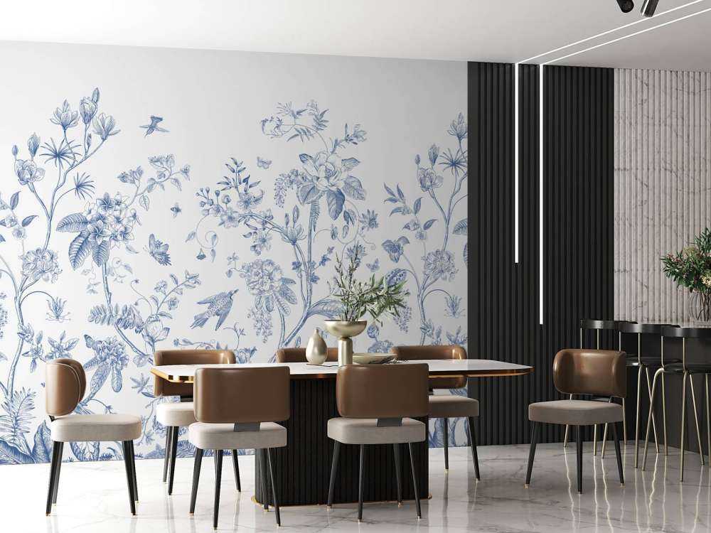 Illustration florale, bleu et blanc