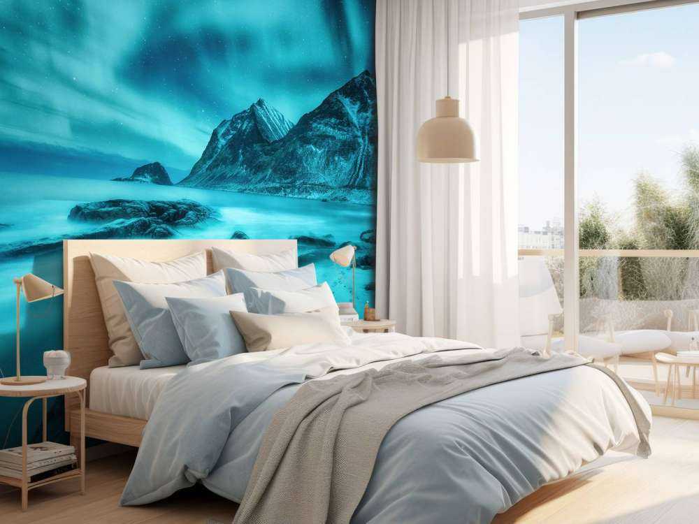 L'aurore boréale bleue avec les montagnes