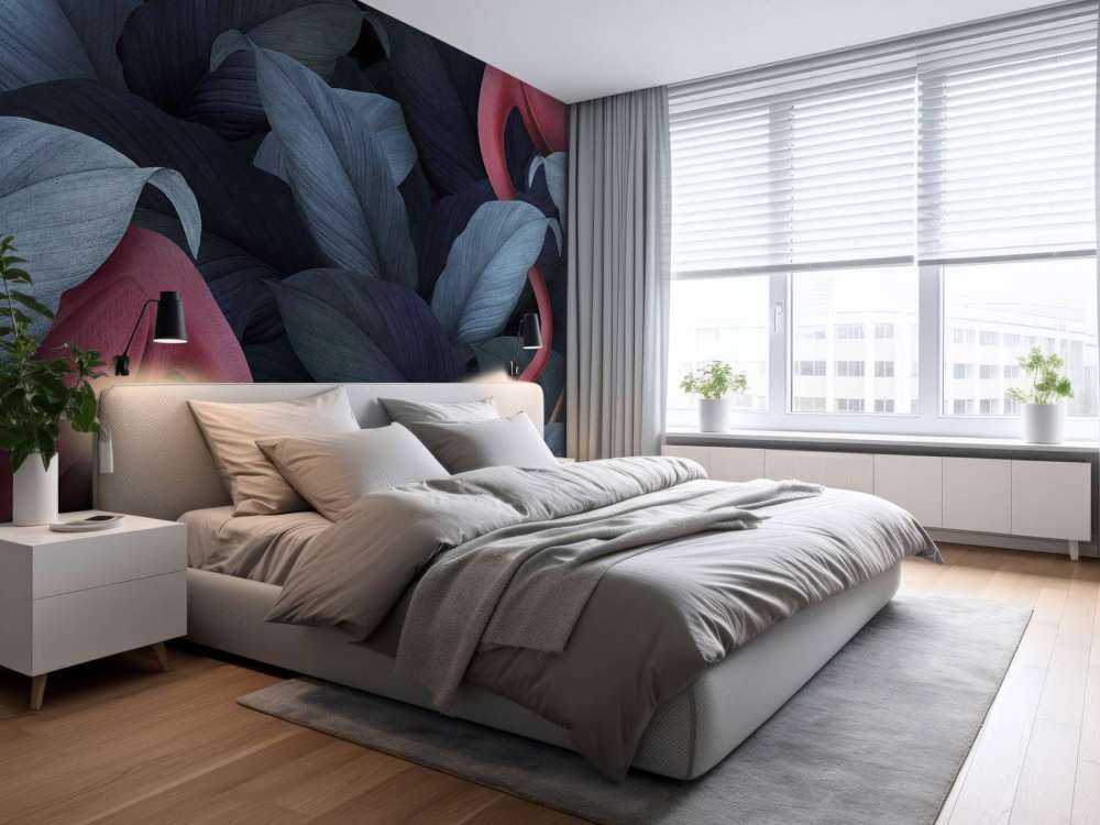 Flamants roses avec des feuilles bleues