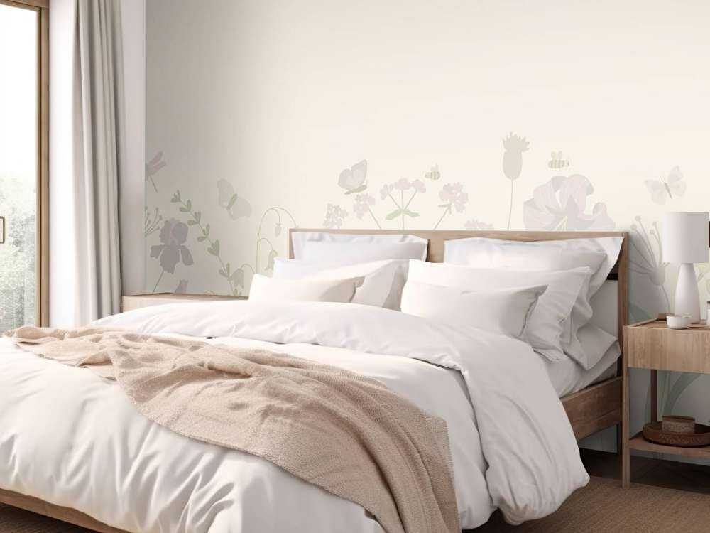 Champ de fleurs avec papillons beige et vieux rose