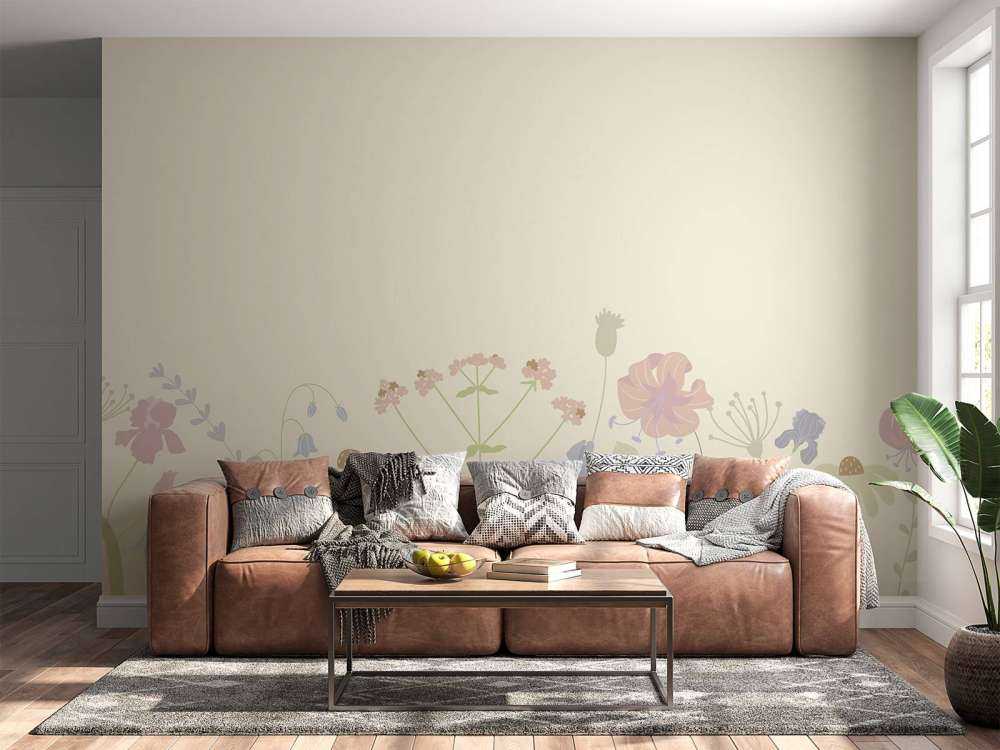 Champ de fleurs beige, vieux rose, vert et lilas