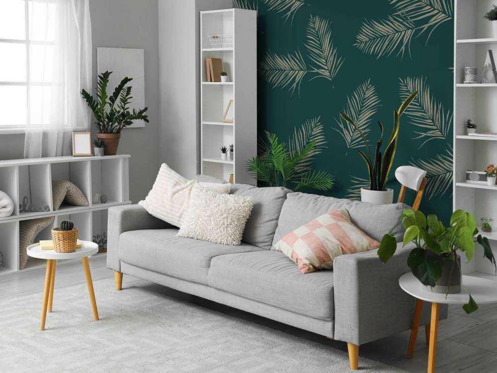 Feuilles vertes sur fond bleu canard