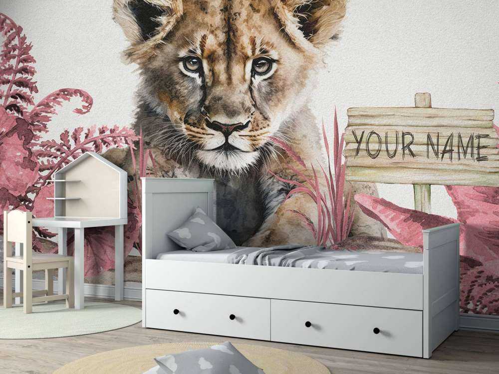 Bébé lion dans la jungle rose