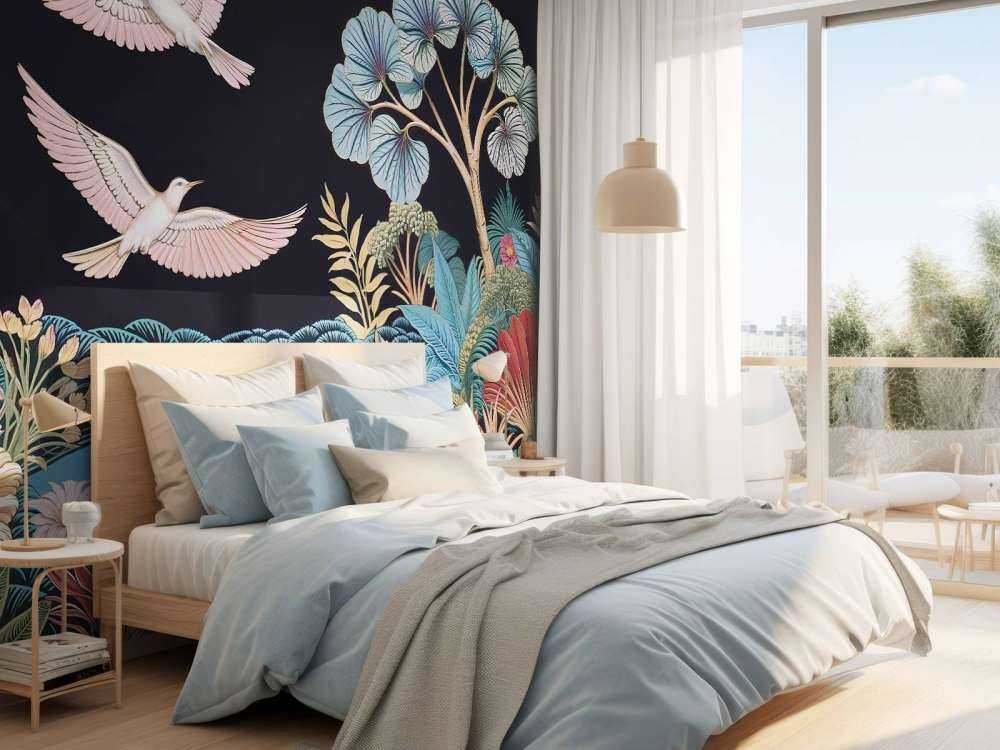 Paysage tropical avec des oiseaux blancs