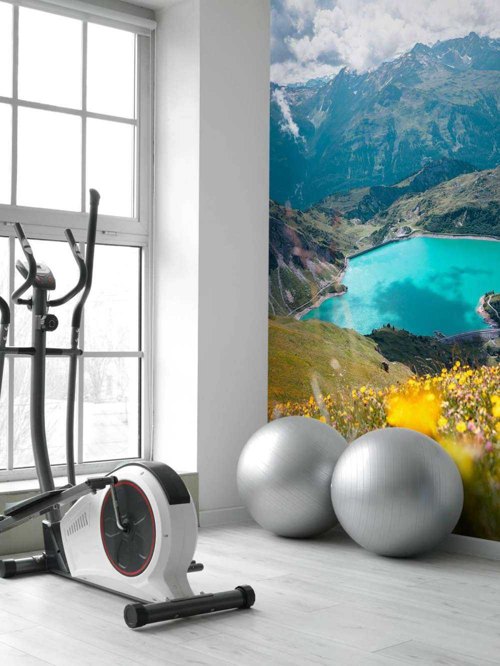 Champ de fleurs au bord d'un lac de montagne turquoise.