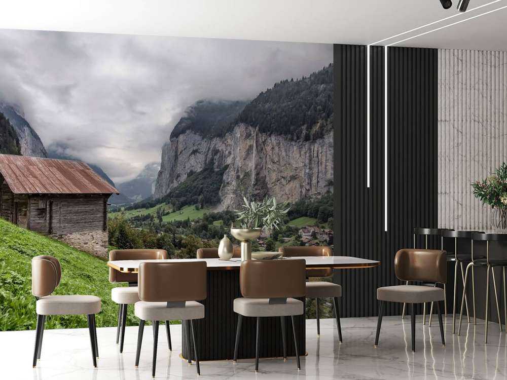 Vallée de montagne avec une cabane de montagne en bois