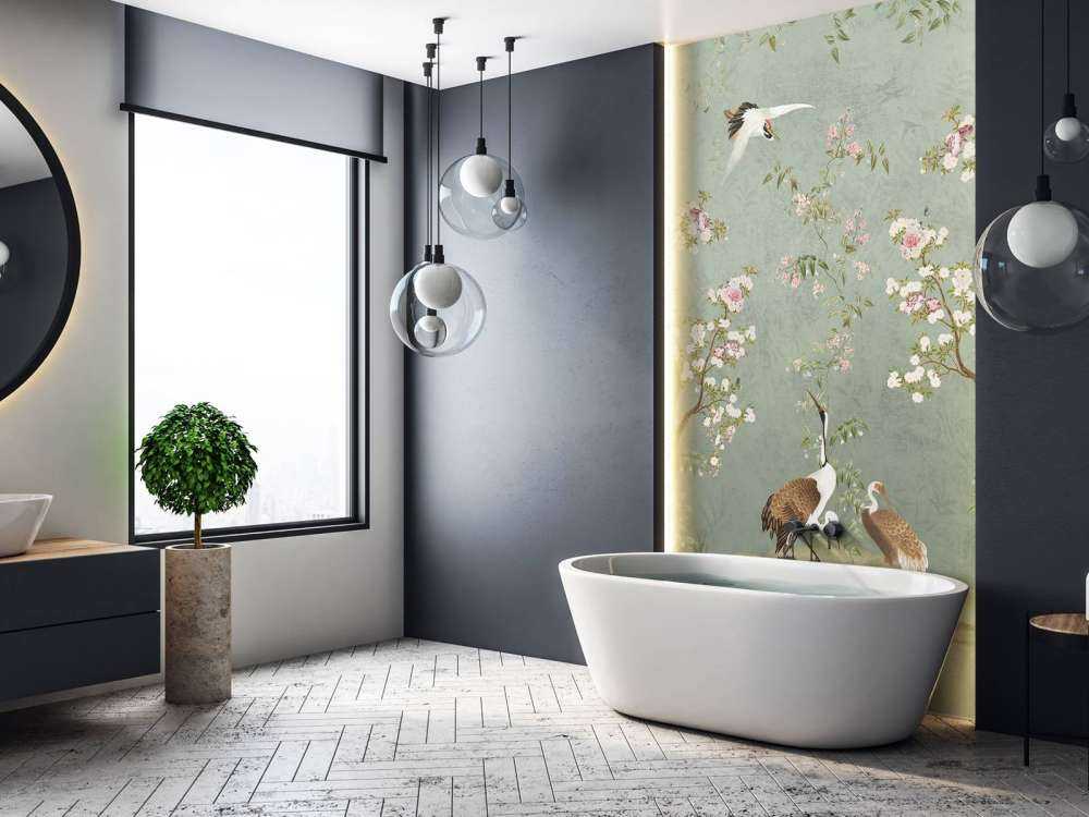 Arbres en fleurs avec des grues sur fond vert jade