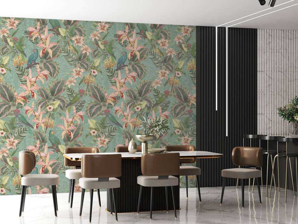 Oiseaux et perroquets de la jungle tropicale - vert menthe