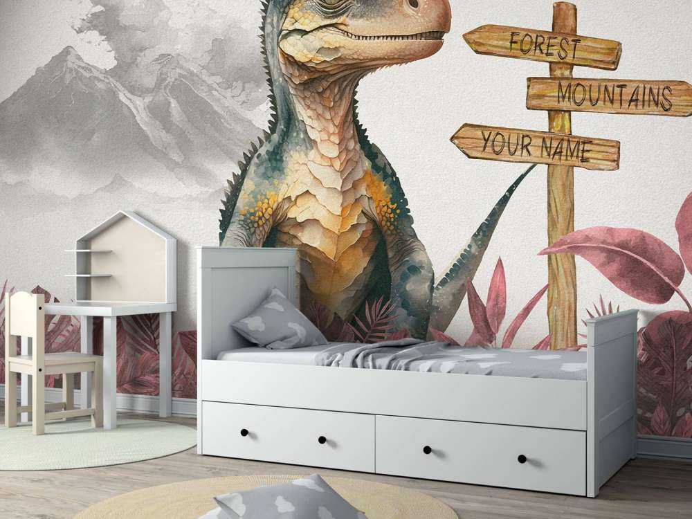 Bébé vélociraptor dans la jungle rose