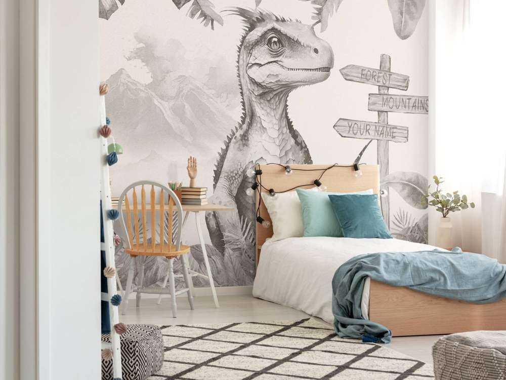 Bébé vélociraptor dans la jungle beige