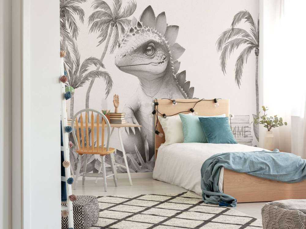 Bébé stégosaure dans la jungle beige