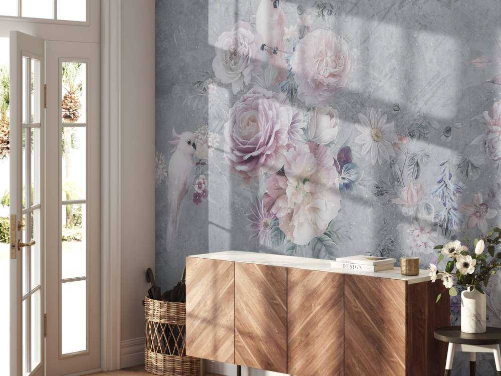 Cacatoès romantique et couronne de fleurs