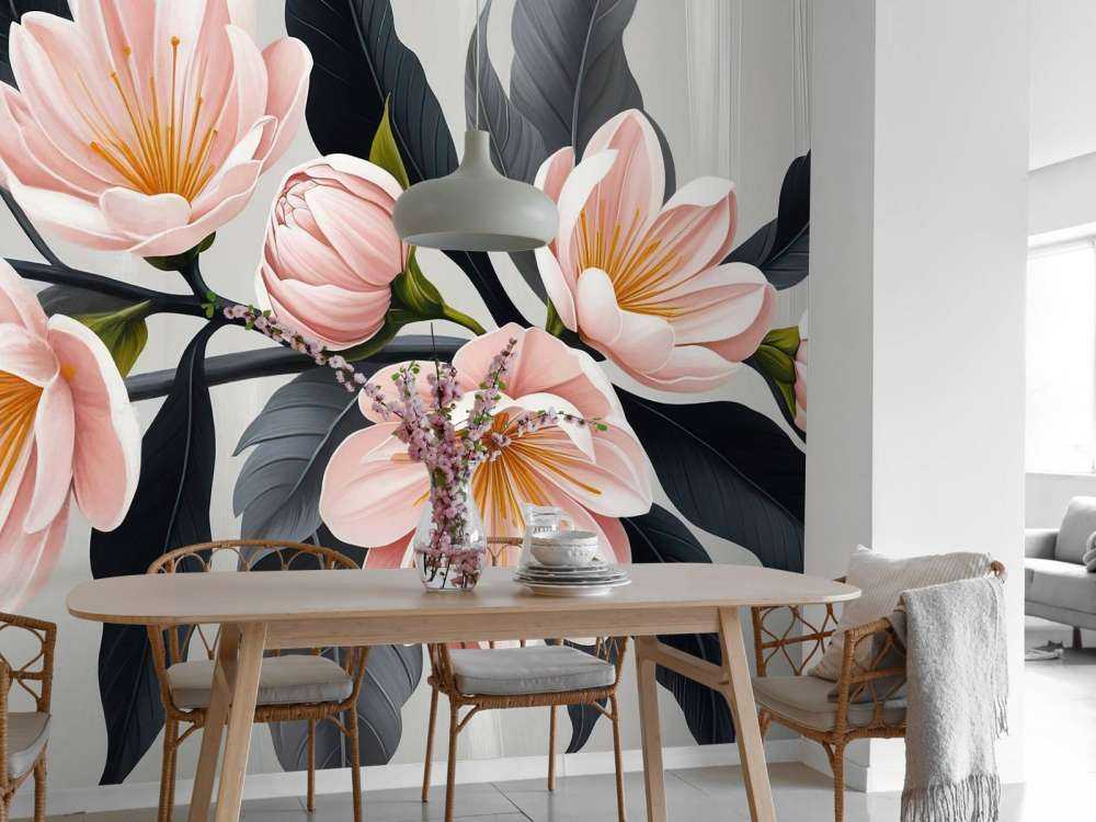 Fleurs de magnolia roses avec des feuilles foncées