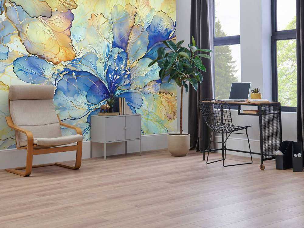 Fleurs en aquarelle en bleu et or