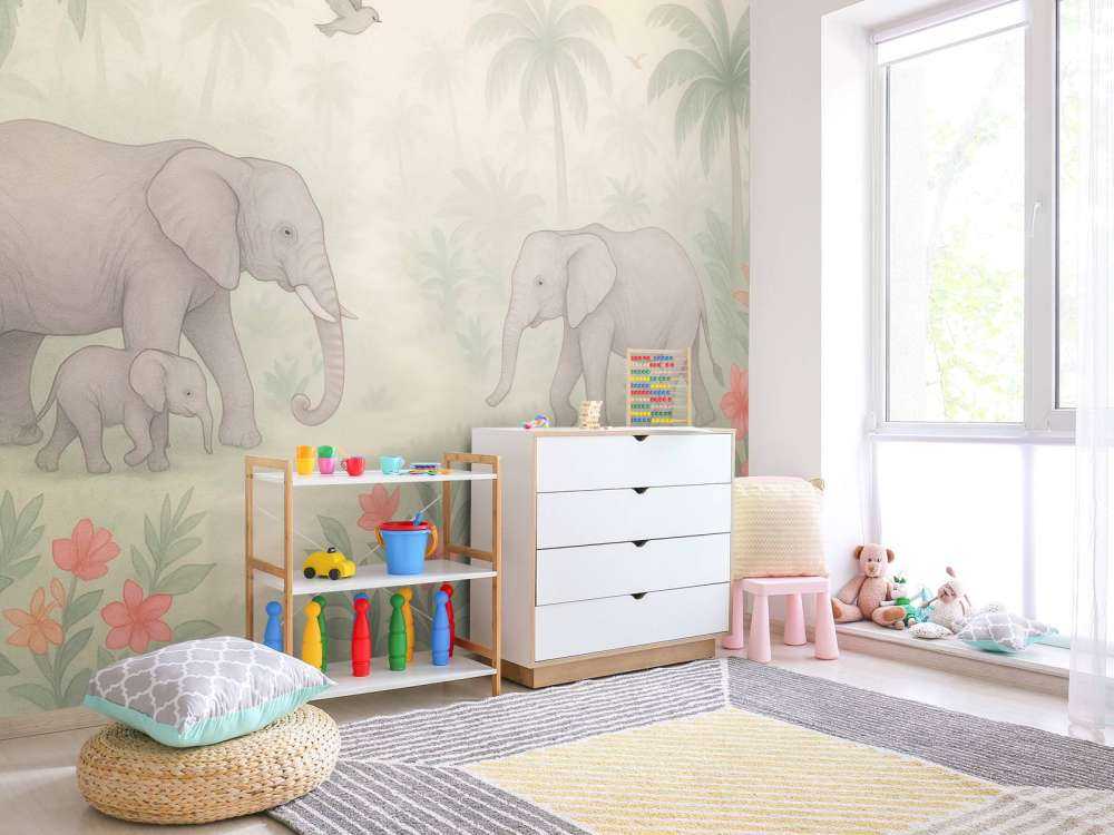 Promenade d'éléphants parmi les fleurs tropicales