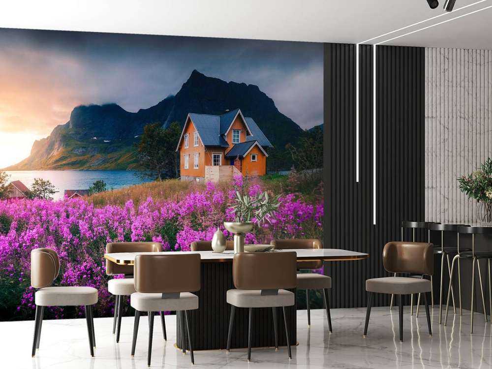 Maison orange sur un fjord violet.