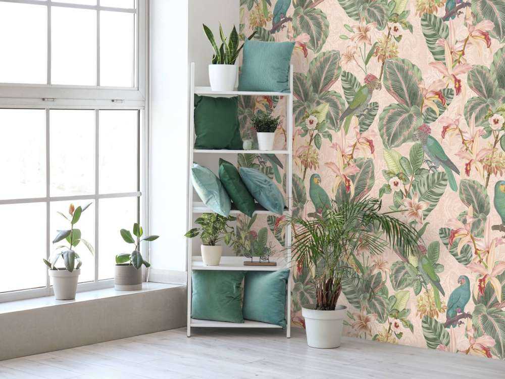 Oiseaux et perroquets de la jungle tropicale - rose tendre