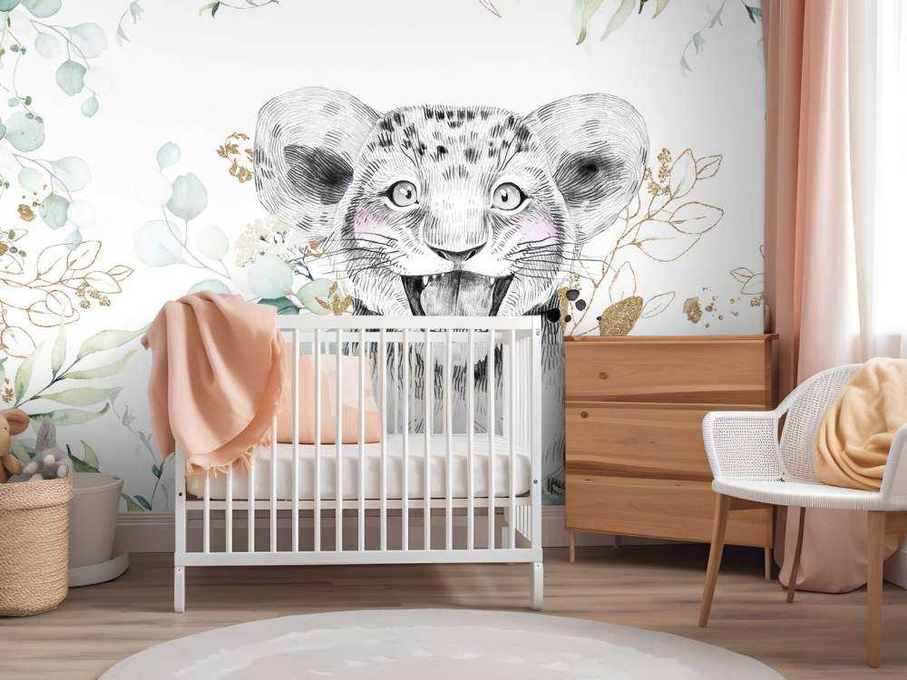 Bébé lion et feuillage menthe