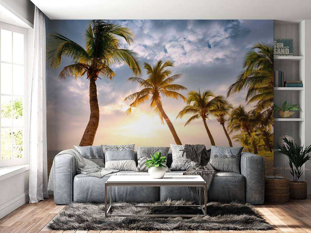 Palmiers à noix de coco contre le coucher du soleil