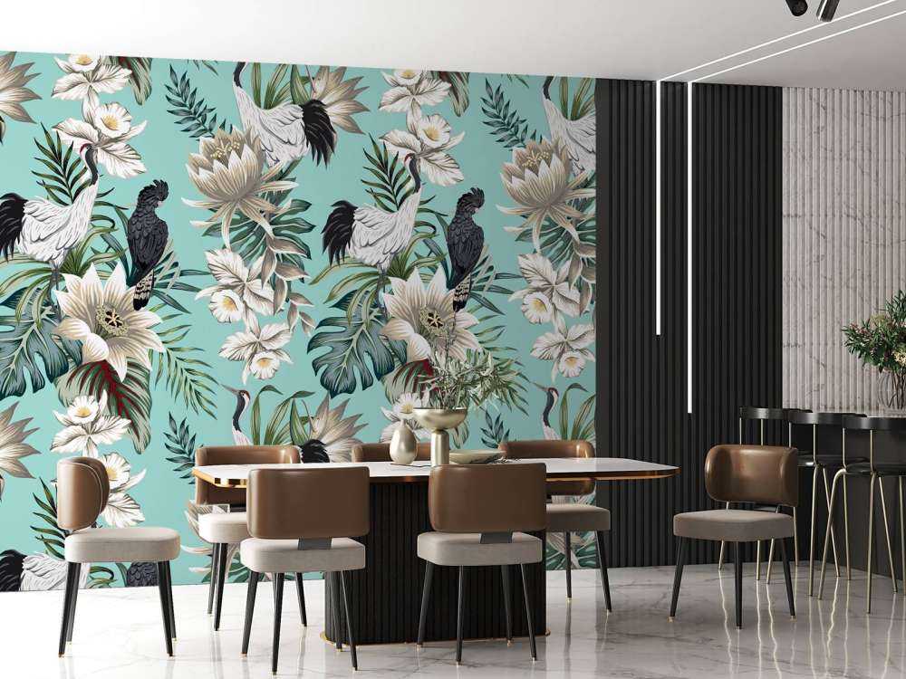 Grues couronnées et perroquets