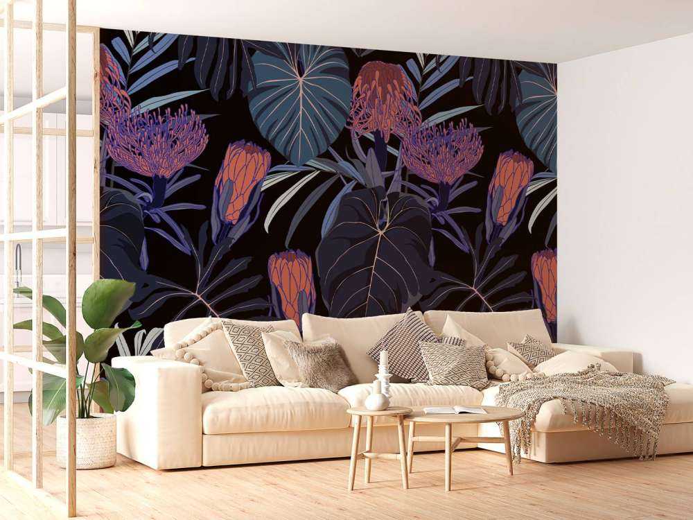 Motif de plantes tropicales bleu canard