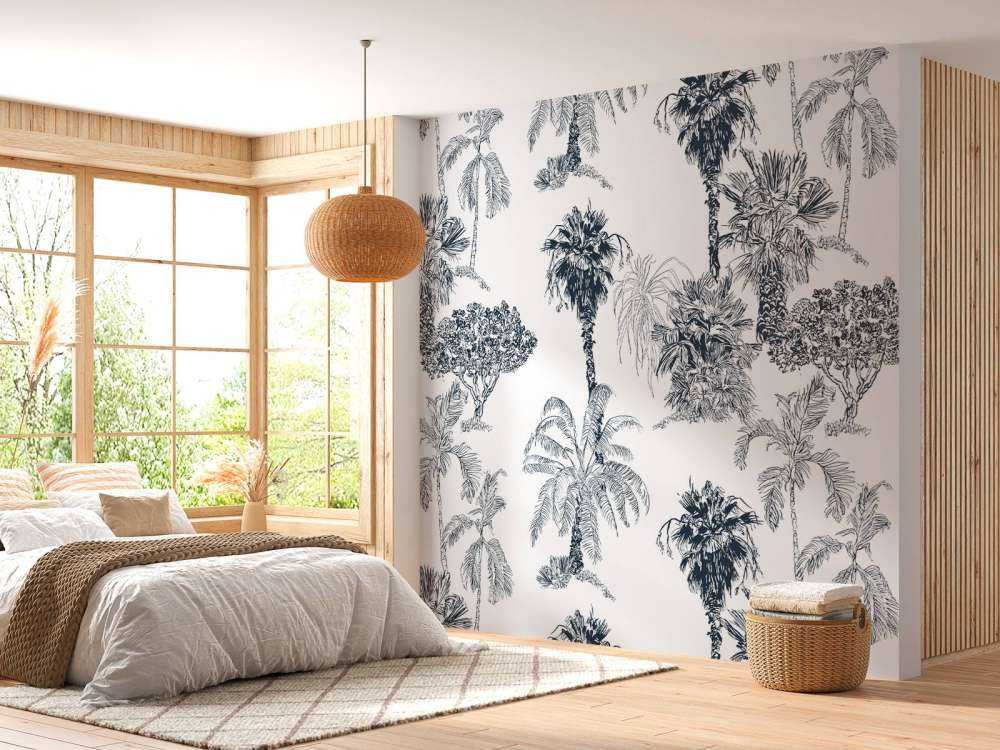 Palmiers et arbres tropicaux bleu canard