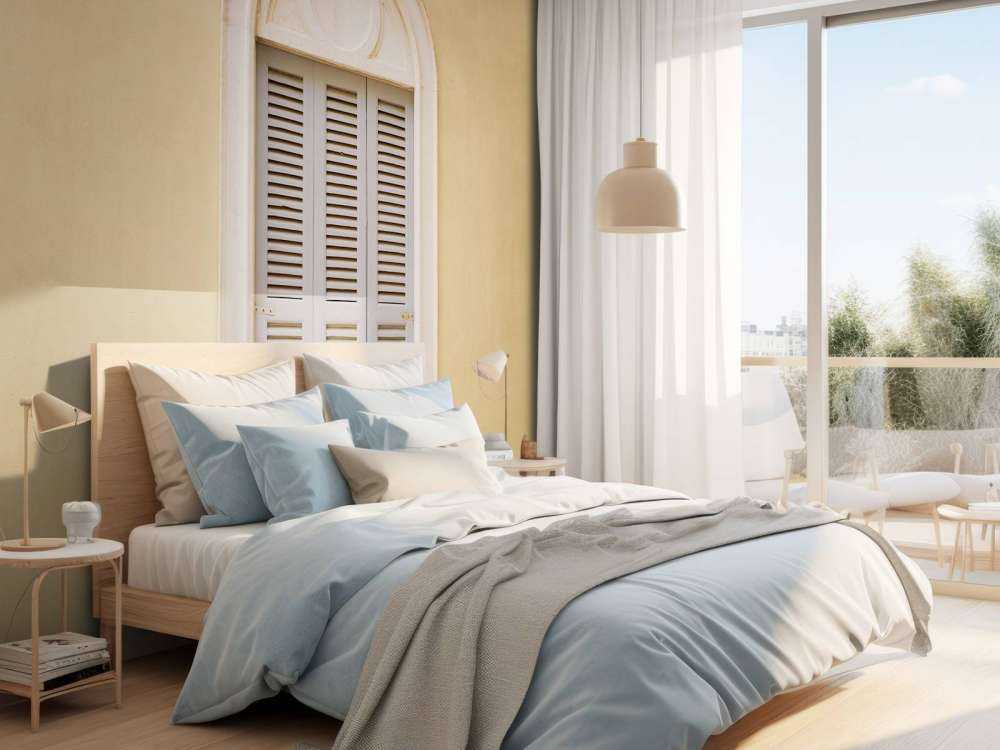 Fenêtre avec volets en bois sur un mur jaune