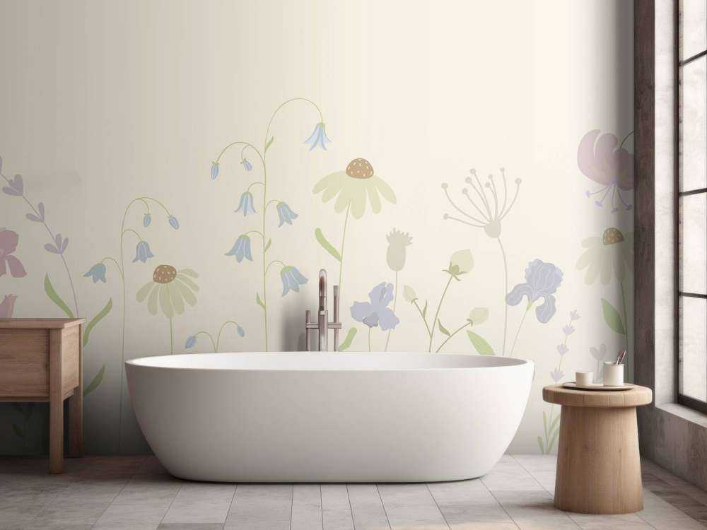 Champ de fleurs haut sable, vieux rose, vert et lilas