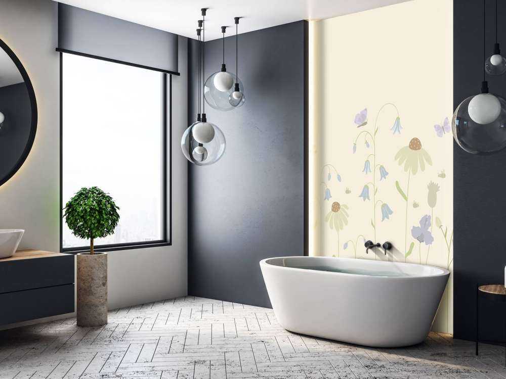 Champ de fleurs en hauteur avec papillons sable, vieux rose, vert et lilas