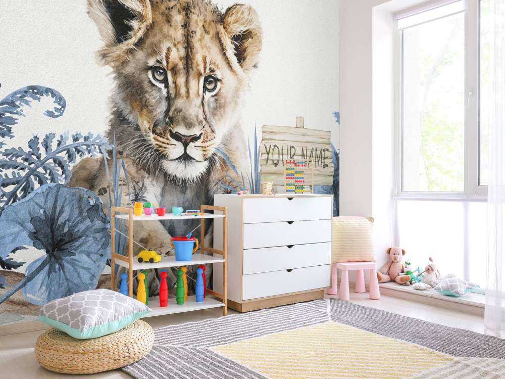 Bébé lion dans la jungle bleu