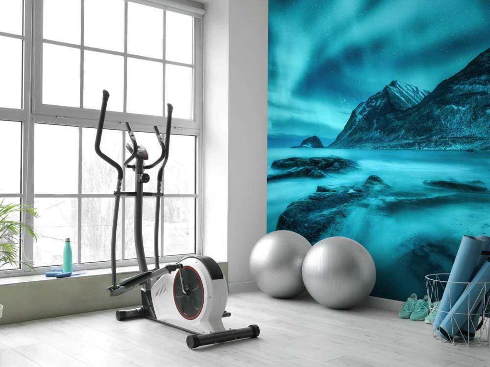 L'aurore boréale bleue avec les montagnes