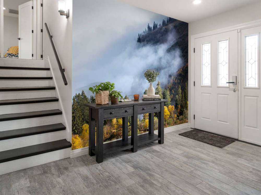 Matin d'automne dans la forêt de montagne brumeuse