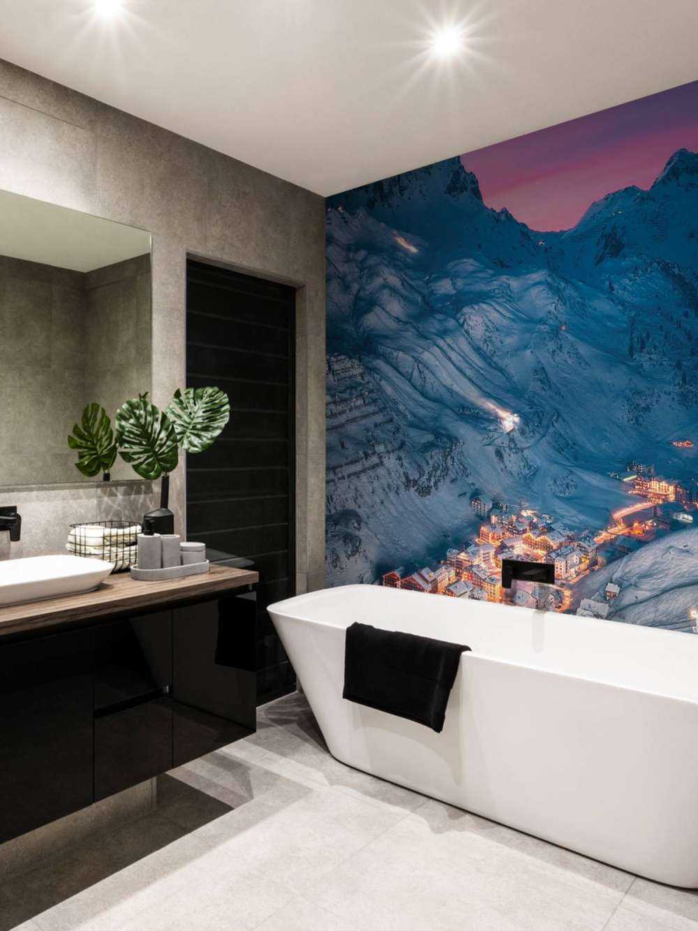 Village enneigé sous un ciel du soir violet