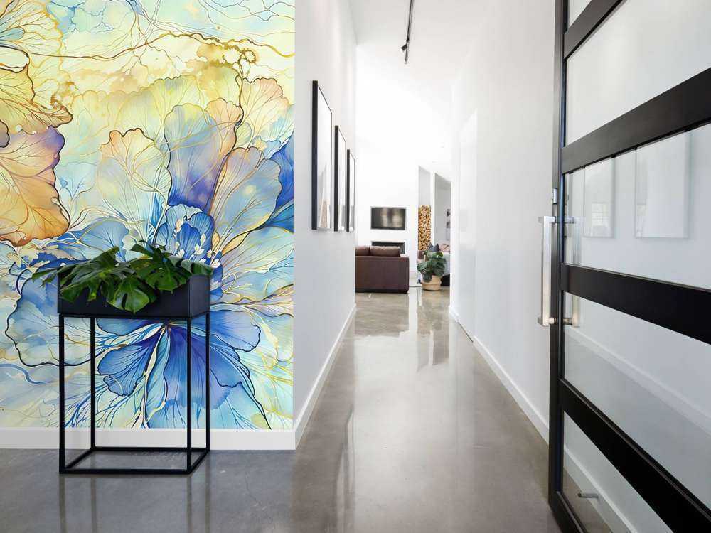 Fleurs en aquarelle en bleu et or