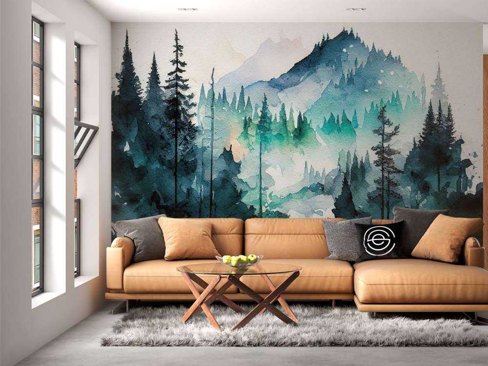 Forêt en aquarelle bleu canard