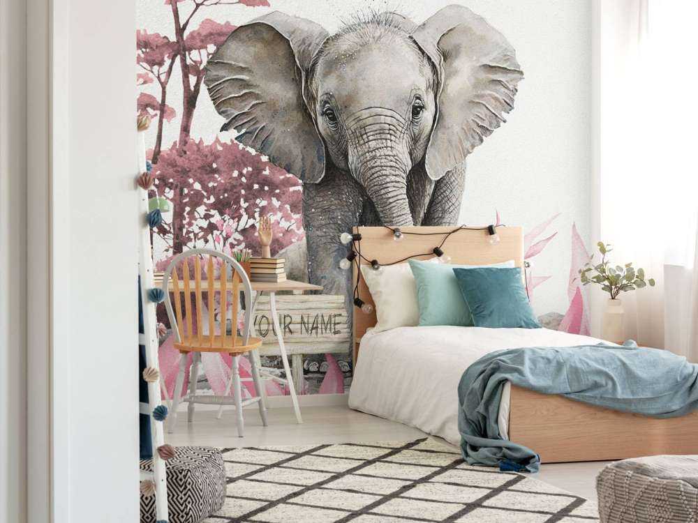 Bébé éléphant dans la jungle rose