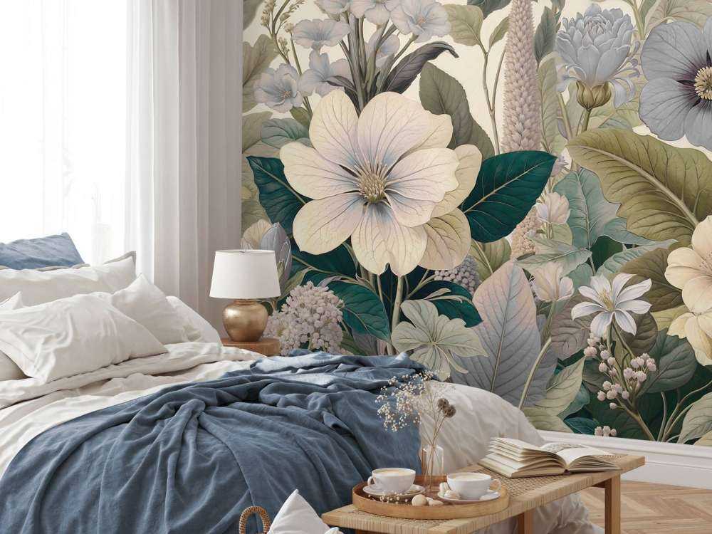 Fleurs botaniques dans des tons bleu doux