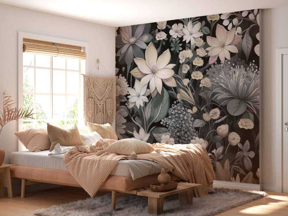 Prairie fleurie sombre aux tons pastel