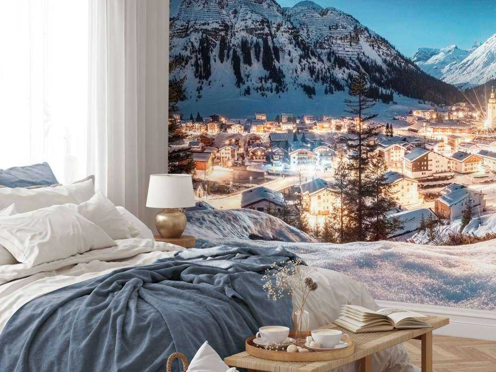 Village alpin scintillant sous un ciel étoilé